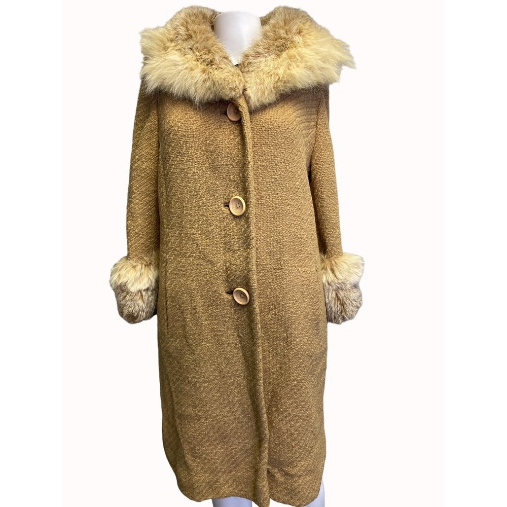 Vintage Union Made ILGWU Women's Tan Faux Fur/Wool Coat Size S SKU 5701